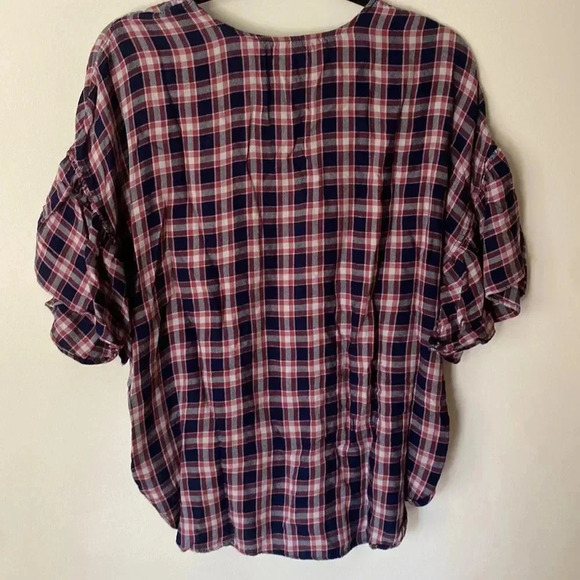 Max Studio Plaid Checkered Ruffle Flutter Sleeve Wrap Top Navy Red Size L - Picture 9 of 11